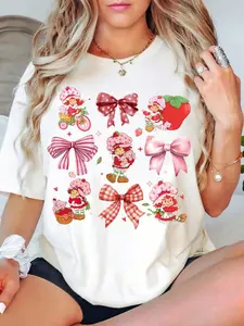 Strawberry Shortcake & Bows Graphic Tee – T-Shirt with Cute Characters, Pink Ribbons & Sweet Retro Aesthetic, Berry Sweet Girl Cartoon Kids, Teacher Shirt