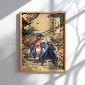 Cynthia and Garchomp Anime Poster, Pkm Cute Anime Gaming Print Decor Posters - Frame NOT Included