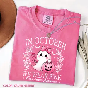Comfort Colors In October We Wear Pink Ghost T-shirt, Breast Cancer Awareness Tee, Halloween Ghost Tshirt, Cancer Pink Ribbon Shirt gift