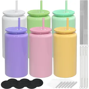 6 Pack Glass Cups with Lids and Straws, 16oz Stainless Steel Insulated Cup for Beer, Iced Coffee, Smoothie, Whiskey, Soda, Tea, Water, Sublimation Tumbler with Coaster, Trendy Drinkware for Home Party Gift