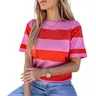 Asvivid Women's Summer Tops Bright Pink Colorblock Striped Ribbed Knitted Round Neck T Shirt Stripe Top Casual Womenswear Tshirt
