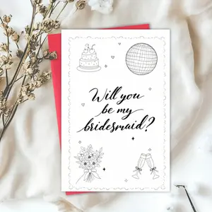 1 card with envelope, bridesmaid invitation card, white cake, disco ball, bouquet, champagne glass, text "Would you like to be my bridesmaid?", wedding, bridal shower, birthday, Thanksgiving gift