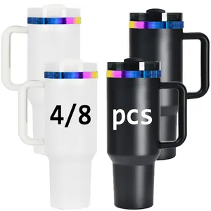 4/8PCS Rainbow Plated 40 oz Tumbler Set with Handle and Straw Double Wall Vacuum Insulated Stainless Steel Water Bottles Cups Mugs for Laser Engraving Perfect Gift for Men Women Keep Warm Cold Summer Drinkware Home Kitchen Items Flasks Set Portable