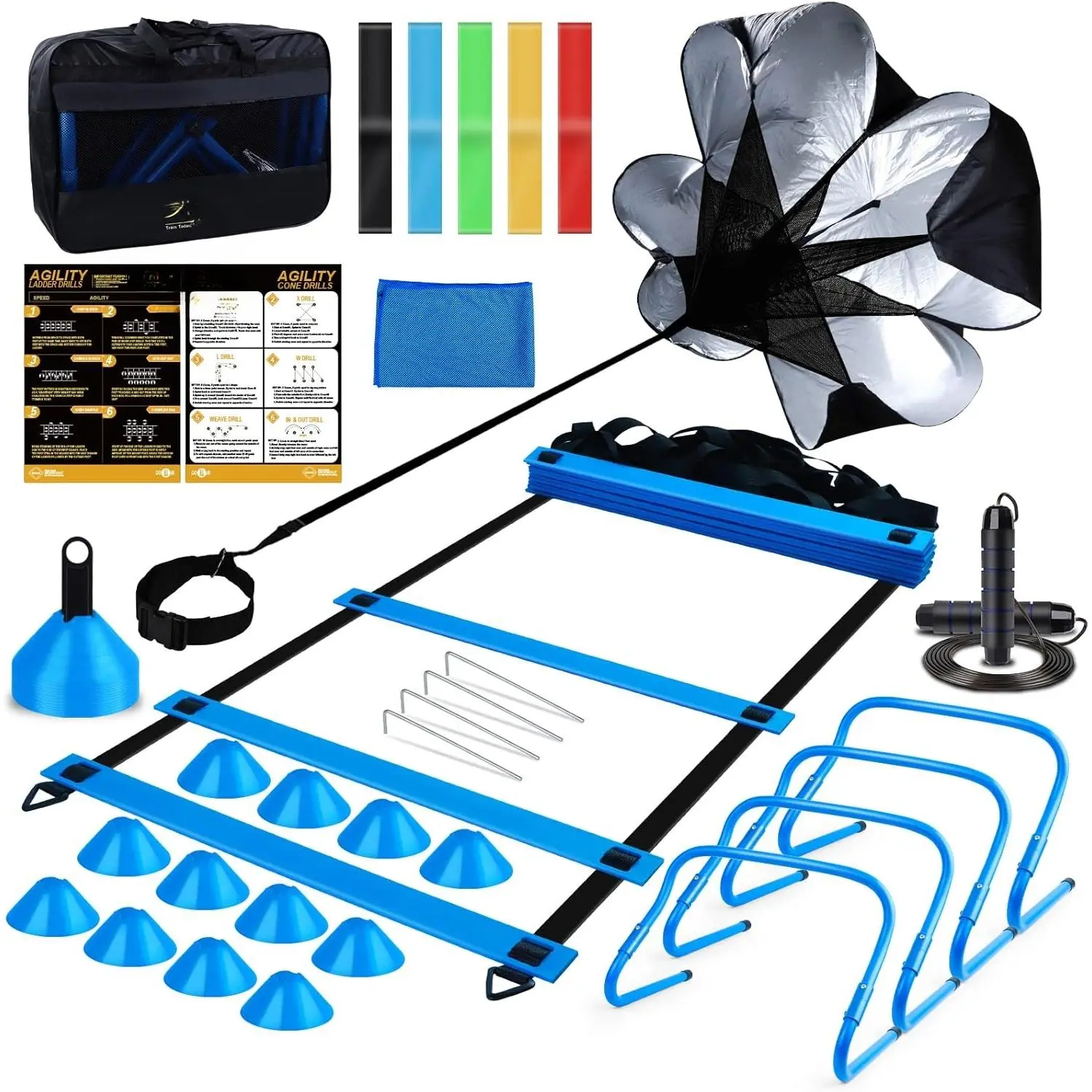 Speed Agility  Set- Agility Ladder,12 Cones, 4 Adjustable Hurdles,Parachute, Exercise Workout Equipment Boost Fitness & Increase Quick Footwork