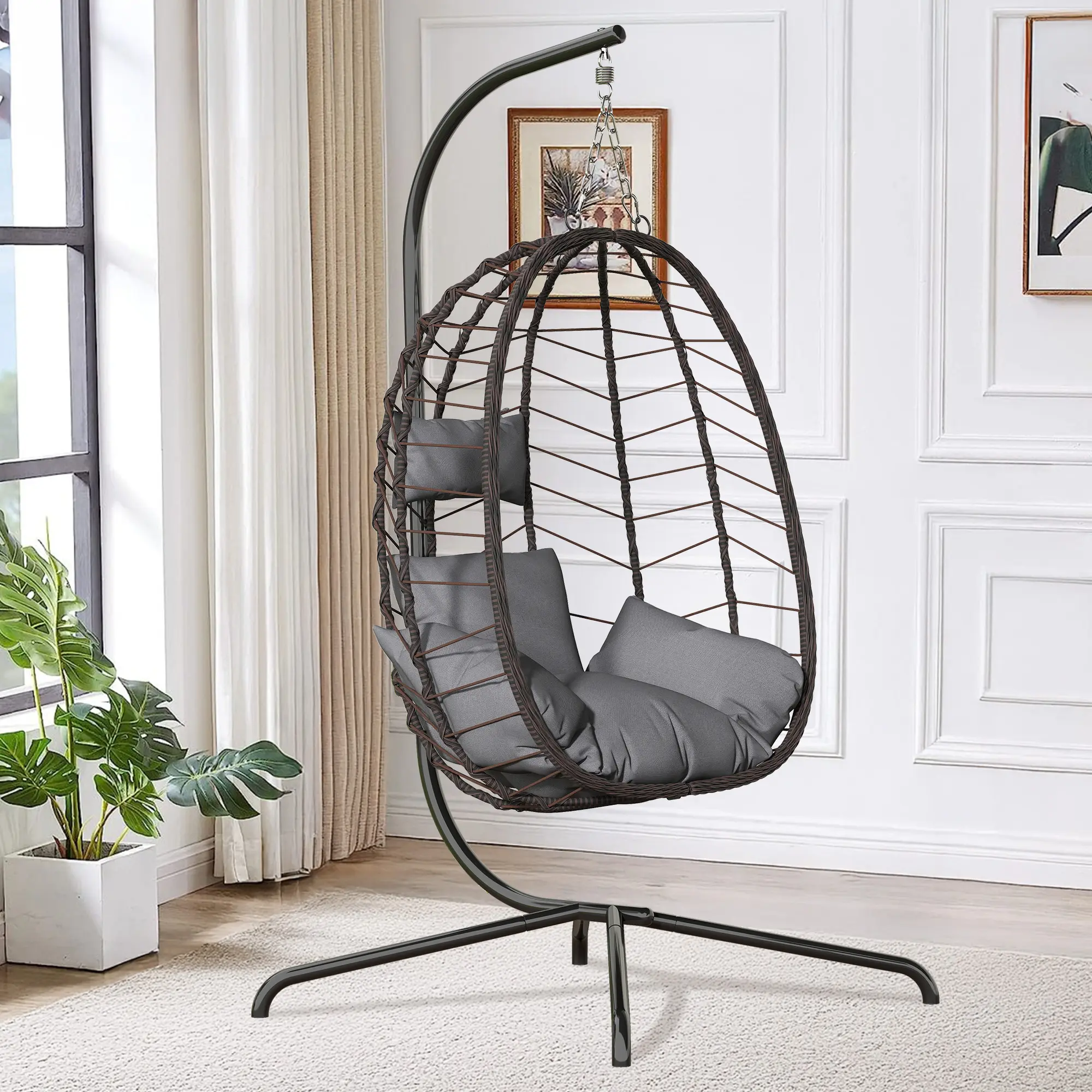 【Summergarden】Indoor and Outdoor Universal Hanging Basket Chair with Stand, Hand-Woven PE Rattan Swing Chair with  FallFreshness Cushion, Adjustable Chain Length, Suitable for Bedroom, Balcony, Garden