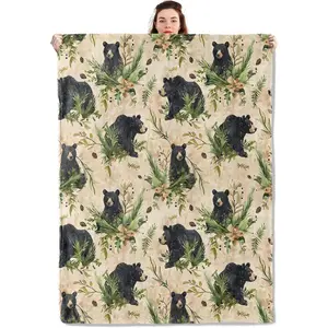 Black Bear Blanket Lightweight Blankets Gifts for Adults Flannel Throw with Nature Forest Animal Printed for Sofa, Bed, Travel, Picnic, Camping, Office, Rustic Decor Throws