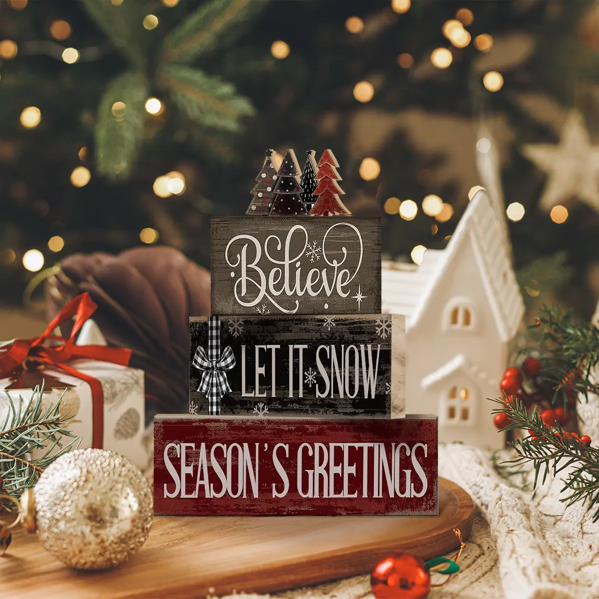 4 pcs Christmas Table Centerpiece Rustic Decorative, Tabletop Centerpiece, Tiered Tray Decor, Beautiful Year Round Seasonal, Block Signs Gift Farmhouse Winter Table Decoration for Home Kitchen, Baby First Christmas Perfect Home Decor Keepsake