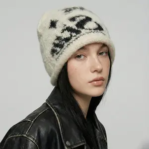 y2k star graphic fuzzy beanie hat oversized slouchy knit cap grunge aesthetic winter warm streetwear accessories for women bad hair day essential acubi fashion Streetwear Gift