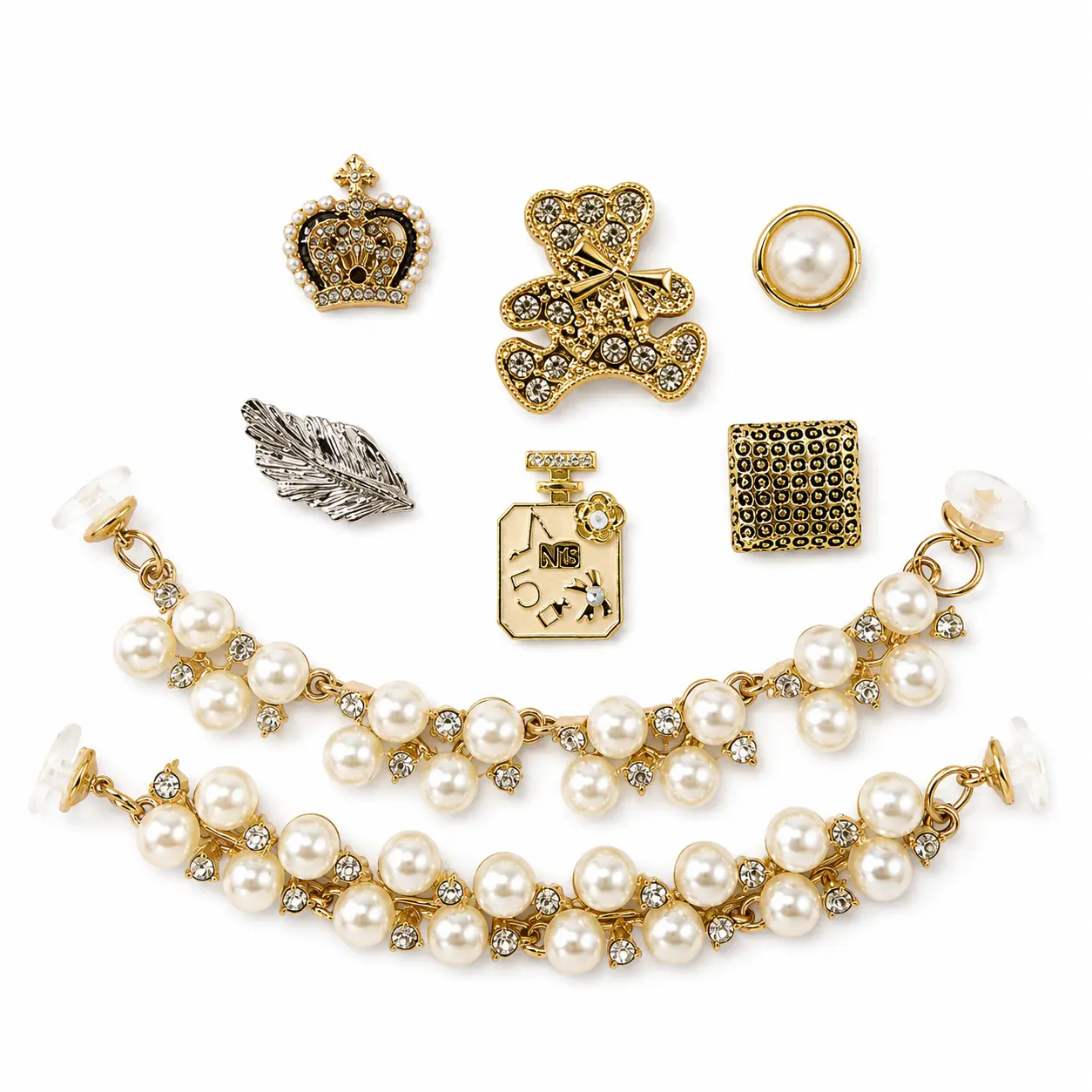 8PCS Pearl Rhinestone Shoe Charms Set for Clogs, Crown Teddy Bear Feather Perfume Bottle Charms with 2 Pearl Shoe Chains, Elegant DIY Shoe Accessories for Women