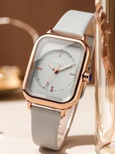 Elegant Silicone Small Square Watch, Rose Gold Round Corner Case, Sapphire Crown Accent, Clear Analog Dial, Waterproof Quartz Watch