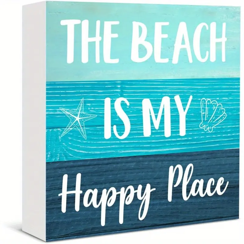 Beach Sign Decor Coastal Decor the Beach Is My Happy Place Rustic Wood Block Sign for Ocean Room Beachy Room Shelf Wall Decor Home Decoration 5x5 inch Rustic Design