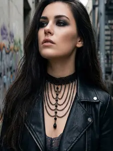 Fashionable Unique Design Lace Chain Fringe Choker Necklace, Gothic Dark Style Necklace, Trendy and Stylish Accessory for Women, Exquisite Chain Jewelry