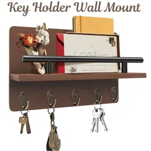 Key Holder Wall Mount with Shelf – Rustic Wooden Key Rack with 5 Hooks, Mail Organizer, Dog Leash & Glasses Hanger, Includes Mounting Hardware – Easter Gift, Home Decor