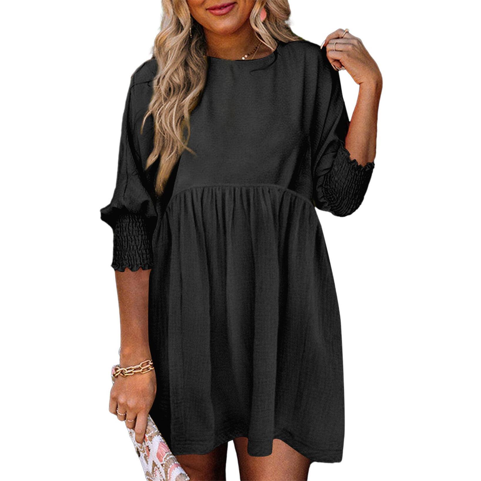 Dokotoo Women's Black Summer Tunic Dress Casual Loose Fit Short Sleeve Crew Neck Flowy Swing Mini Shift Sundress for Bea