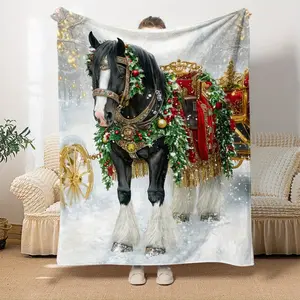 Christmas Horse Print Flannel Blanket Soft Warm Lightweight All Season Home Travel Camping Machine Washable Ideal Gift for Family Friends
