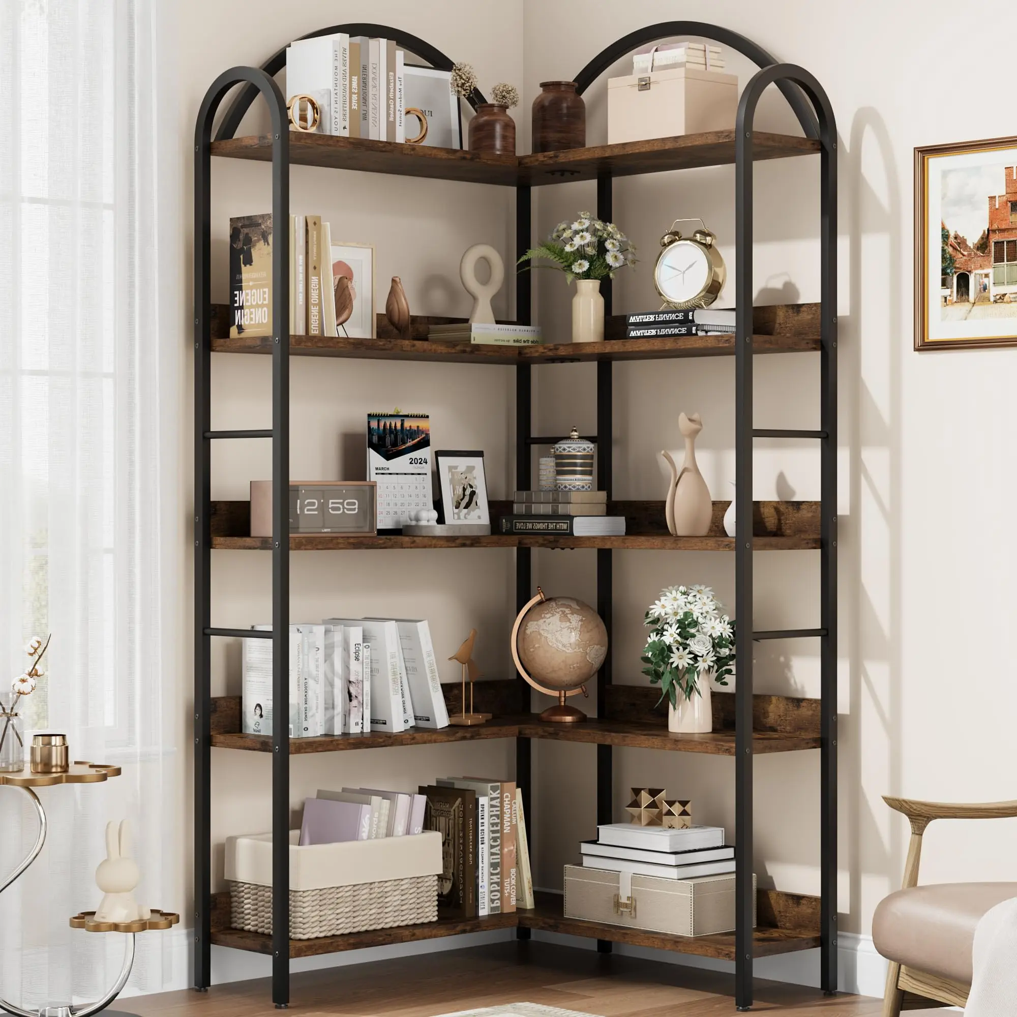 GARVEE 5 Tier Arched Corner Bookshelf, 68.5" Tall L Shaped Multi-Layer Large Bookcase,  Ideal for Living Room, Bedroom, Studyroom, Office, Retro
