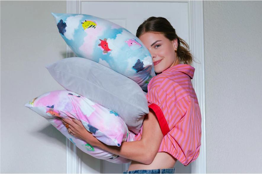 SquishPillow Pillowcase 2-Pack, 3 color options, "On Cloud 9” Blue, "Resties Besties" Tan, "Solid Slumber" Gray, StandardSize 250 thread count organic cotton, Soft Skin-Friendly
