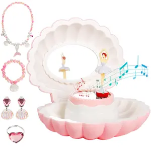 Shell-Themed Plastic Decorative Cute Feminine Princess-Inspired Music Box Set - Pink and White Ballerina Design, LED Light, Jewelry Holder, Mirror, Magical Songs, Jewelry Storage - Perfect Birthday Gift for Kids, Cute Music Boxes