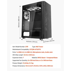 VEVOR PC Gaming Case, Mid-Tower, Computer Case with High-Airflow Tempered Glass Panel, Dust Filter, 3x 120 mm ARGB Fans, Easy Cable Management, for GPU up to 320mm in Length, for ATX/ M-ATX/ ITX