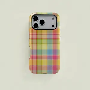 Colorful Plaid Pattern Retro Square Phone Case, Candy Color Print, Durable Two-In-One Protection, Cover for 17 pro max 16 Plus 15 14 13 12 11 Plus