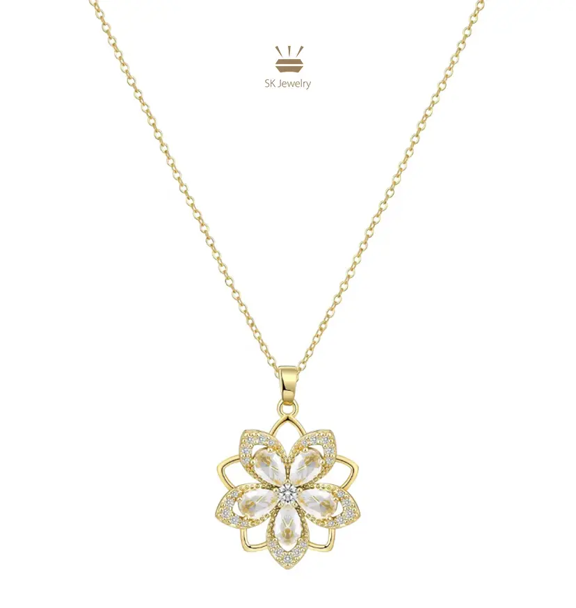 SK Birthstone Flower Necklace for Women 14K Gold Plated Dainty Decompression Necklace Rotatable Crystal Silver Blossom Pendant Necklaces Adjustable Spinning Fidget Necklaces Redbud Flower Choker Funny Summer Jewelry Gift for Women