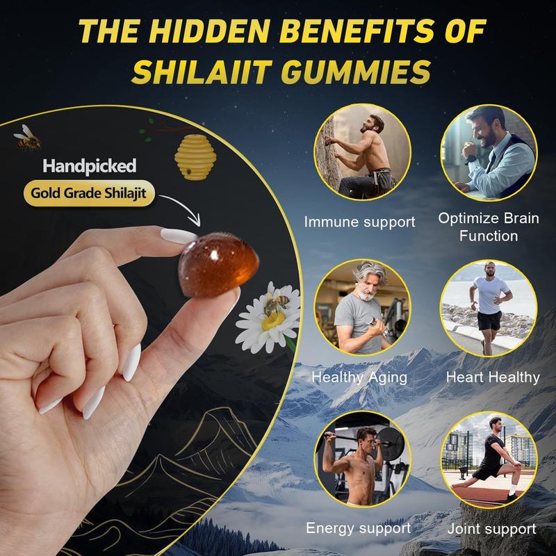 Himalayan Shilajit Gummies, Ashwagandha Gummies, 4 in 1 Gummie, with Black Musli, Gokshura, Ginger, Ginseng, Fulvic Acid 85 Micronutrients, Men and Women, Non-GMO 100% Natural Organic 60 Gummy
