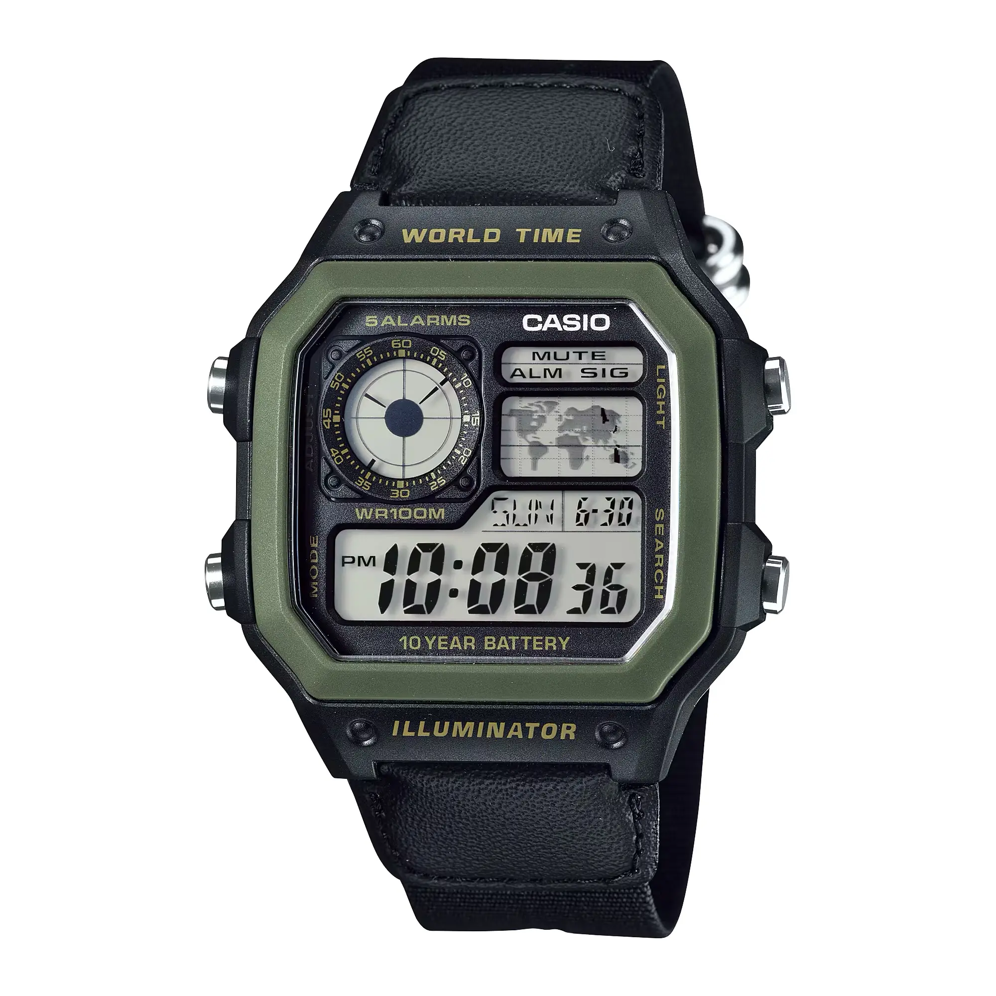 Casio Men’s Black Digital Green Cloth Strap Watch - AE-1200WHB-1BV