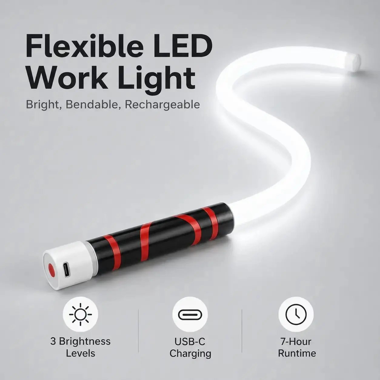 Bendable LED Flashlight Stick, 30in Flexible Lockable Arm, 3-Hour Long Battery Life, High Lumens, Multi-Gear Brightness Adjustment, Compact Lightweight Body for Off-Road, Garage Mechanics, Cool Christmas Gift for Festive Gifting