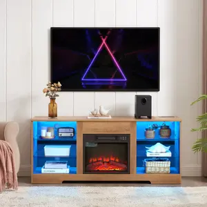TV Stand Electric Fireplace Glass Shelves, 3D Fireplace TV Stand with LED Lights, USB Charging Outlet Modern Television Table Center, TV Console, OAK