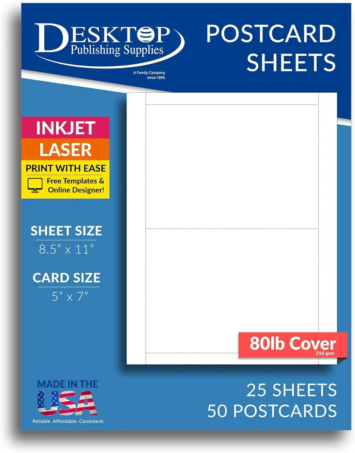 80lb White 5" x 7" Postcards - 25 Sheets / 50 Postcards