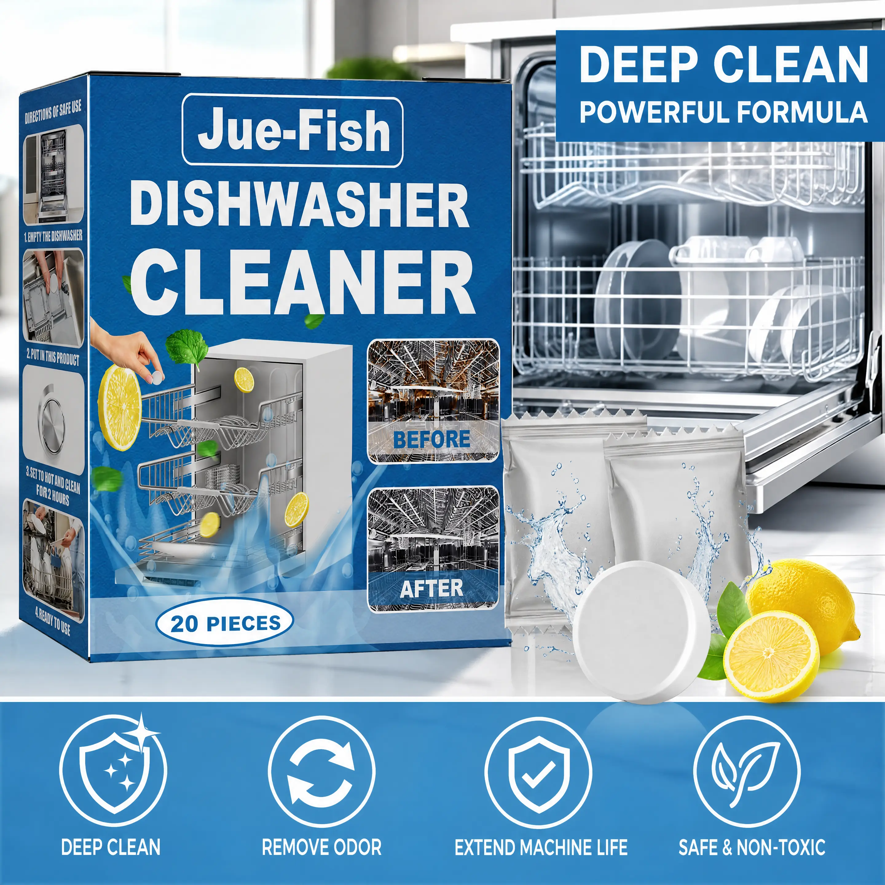 Dishwasher Cleaner Tablets – Removes Grease & Stains, Compatible with Countertop, Built-in, and Drawer Dishwashers