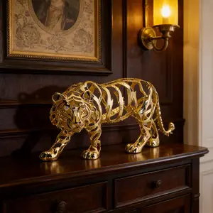 Gold hollow-out tiger, Decorative statue, Collectible figurine, Nordic light luxury decoration, a light luxury tiger desk ornament, perfect for the living room or desk, instantly adding a touch of sophistication
