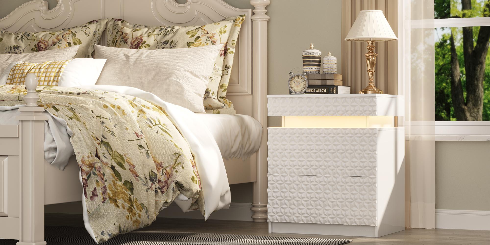 Vlsrka LED Nightstand - Modern Bedroom Space-Saving Furniture, 3-Color Adjustable Lighting, 2 Spacious Drawers, Hidden Storage, Decorative Wooden Charging Furniture with Built-In Charging Ports for Clean Aesthetic Rooms