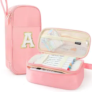 Extra Large Capacity Pencil Case with Smooth Zipper, Multiple Pockets, Cute Aesthetic Personalized Initial Stationery Pen Bag for Teen Girls College (Pink, A)