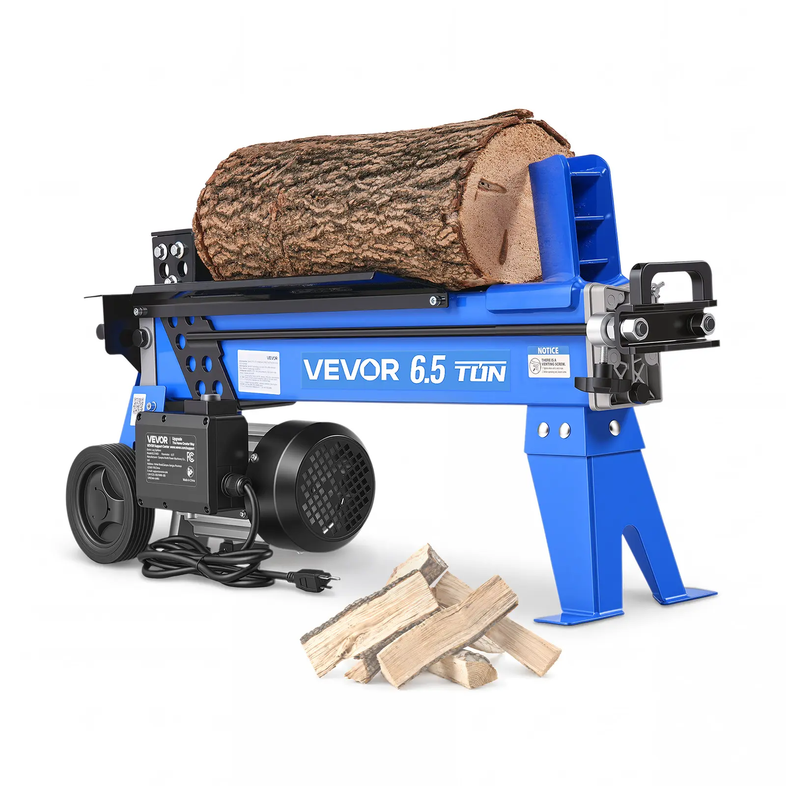 VEVOR Electric Log Splitter 6.5 Ton 15 Amp 1.98 HP Motor Wood Splitter, for Home Yard Forestry Harvesting, Kindling Cutting, 3400 RPM Portable Firewood Splitting Machine with Hydraulic Ram & Wheels