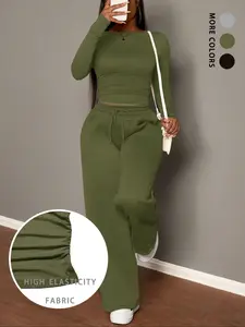 Women's Fitted Long Sleeve Top + High Waist Drawstring Wide Leg Pants Set, Sporty Casual Style, Slimming Versatile, Sweatsuit Set