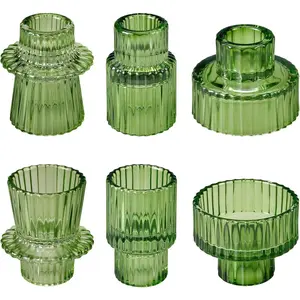 Green Taper Glass Candlestick Holders Set of 6,  Lights Candle Holder, Votive Candle Stick Holder for Party Wedding Dining