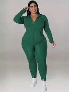 Plus Size Women's Solid Color Hoodie Long Sleeve Top and Pants Sports Set, Casual Tight-Fitting for Spring & Fall, Sweatsuit Set