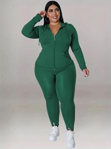 plus size women's solid color hoodie long sleeve top and pants sports set, casual tight-fitting for spring & fall