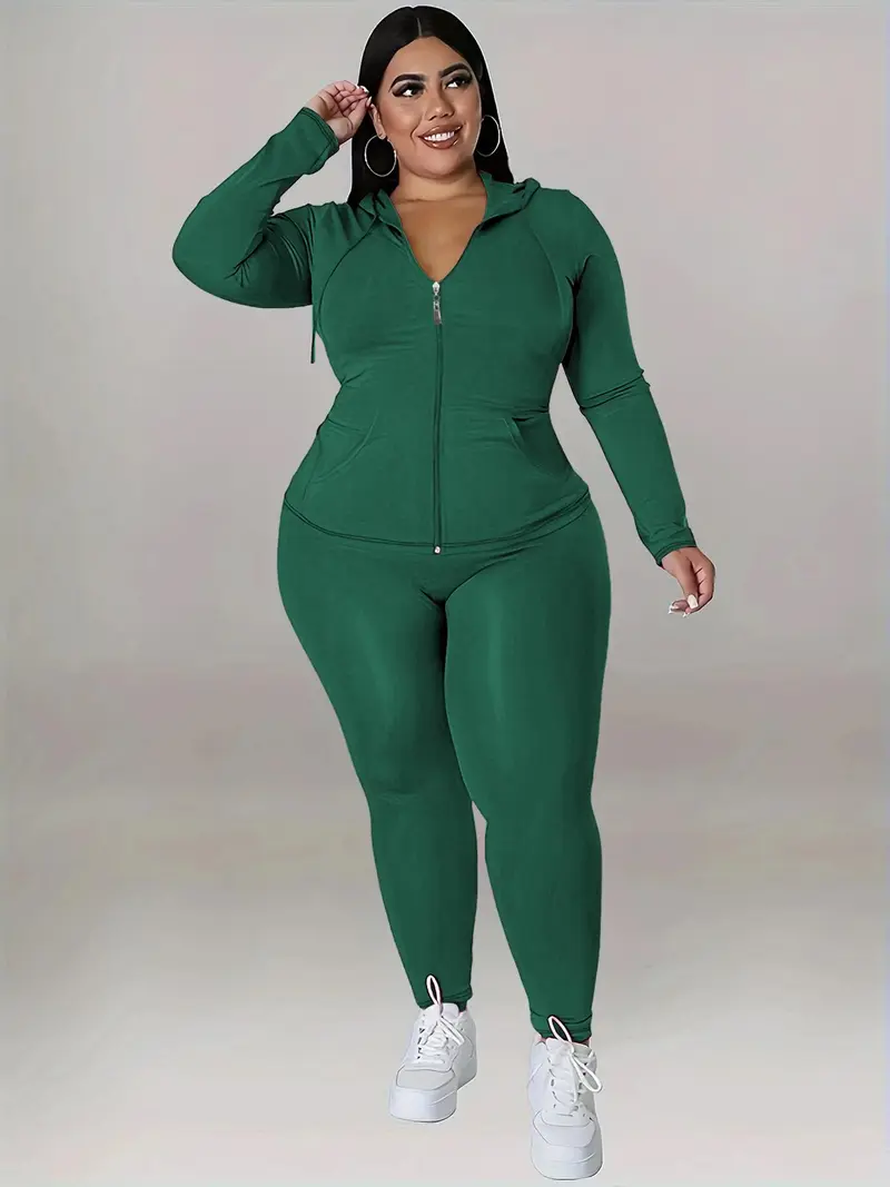 Plus Size Women's Solid Color Hoodie Long Sleeve Top and Pants Sports Set, Casual Tight-Fitting for Spring & Fall, Sweatsuit Set