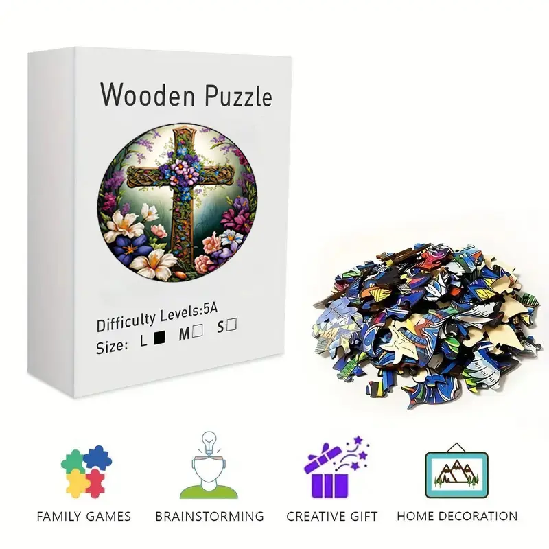Floral Christian Cross Wooden Jigsaw Puzzle for Adults & Kids - Challenging Irregular Pieces, Ornate Flower Cross Art Puzzle, Stress Relief Brain Teaser, Framable Religious Wall Art & Home Decor