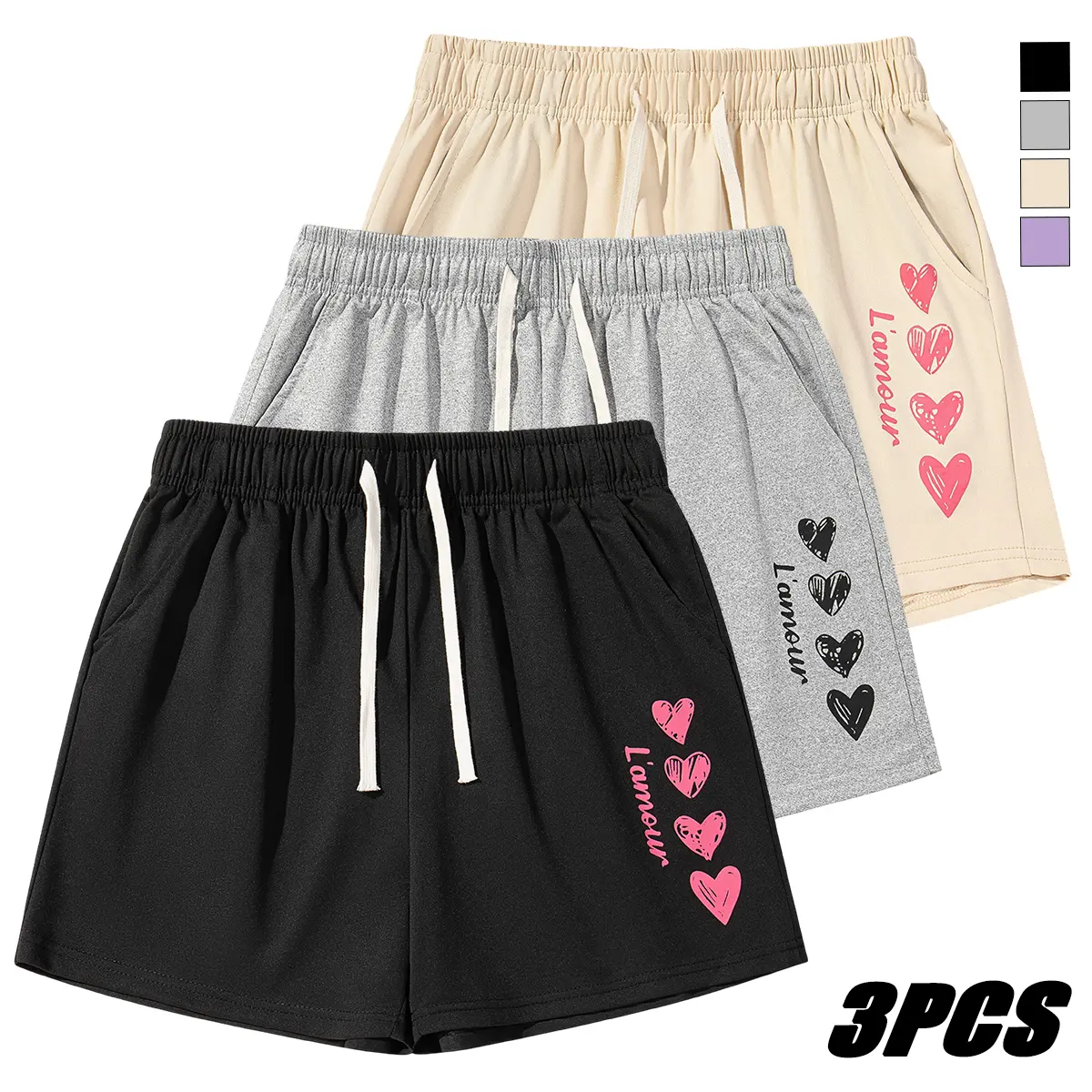 Cute Heart Print Athletic Shorts for Women with Elastic Drawstring Waistband and Pockets, Lightweight Casual Wear for Beach and Summer, Bottoms