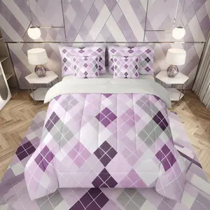 Plaid Comforter Set 7 Pieces Traditional Argyle Pattern Bedding Set for Kids Boys Girls Purple Checkered Striped Classical Bed with Comforter,Sheets,Pillowcases,Cushion Covers