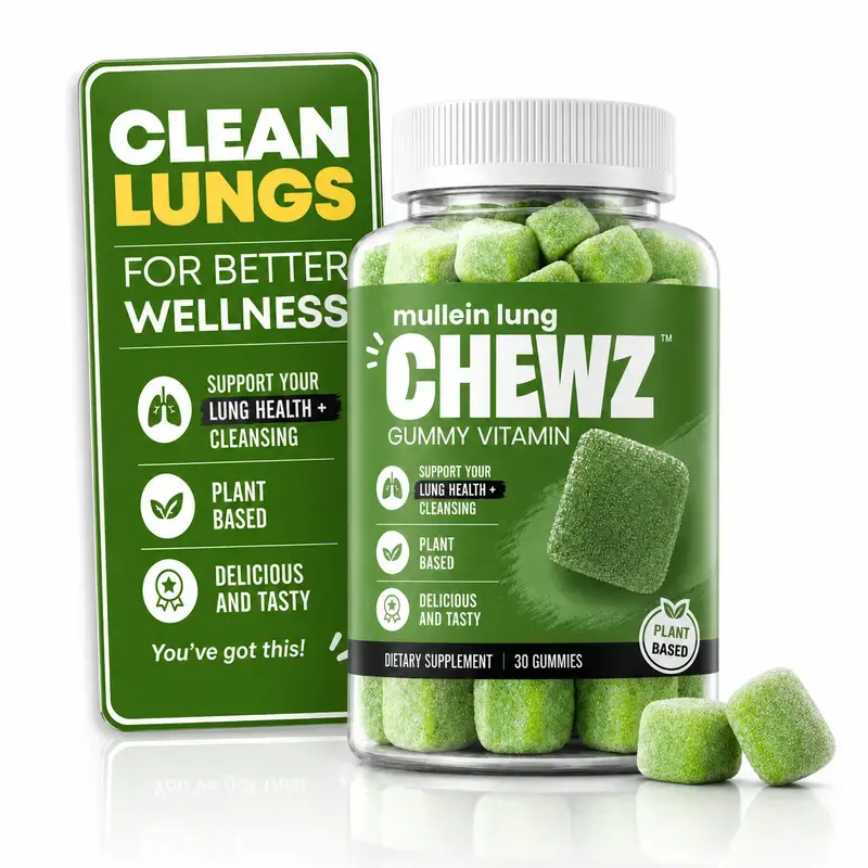 Mullein Lung Detox Daily Support Gummies - 10-in-1 Dietary Vitamin Supplement, Mullein-Echinacea Blend, Vegan Green Apple Flavor, 30 Count for Smokers’ Lung Cleanse & Support