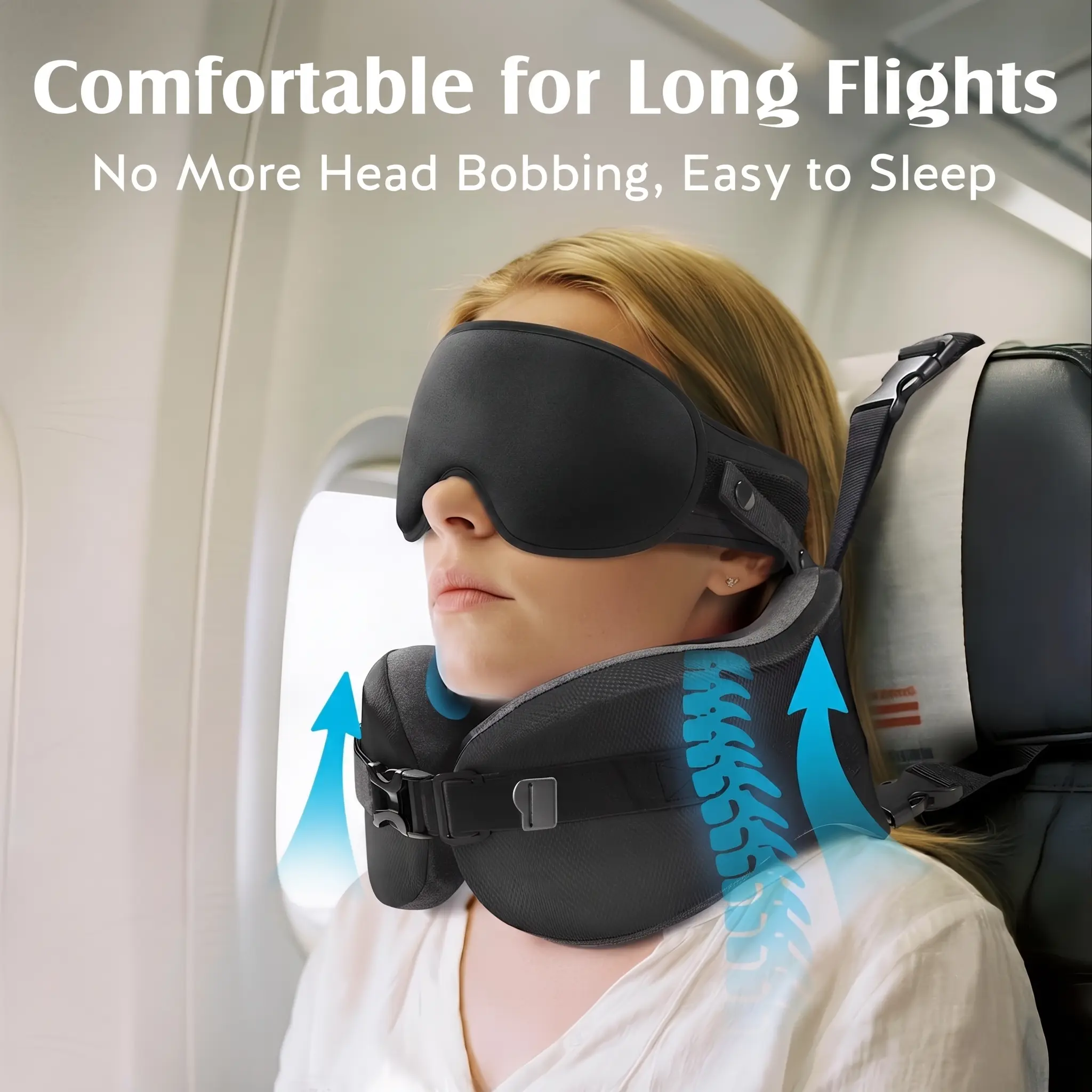 YFONG Travel Pillow for Long Flight Airplane, Head Strap Combo with 3D Contoured Sleep Eye Mask, Neck Pillow for Travel Essential, 360° Support Memory Foam Headrest, Prevent Bobbing, Drawstrap - Black