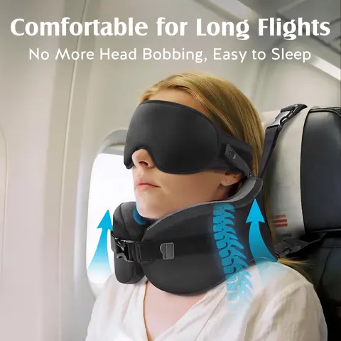 YFONG Ergonomic Travel Neck Pillow - 3D Sculpted Memory Foam, Supportive Head Cushion, 360° Head Lock, Neck Pain Relief, Posture Fix, Contoured Sleep Eye Mask with Eye Cup Fit, Wide Pull Strap, Fine Tuning, Adjustable Strap, Machine Washable (Black)