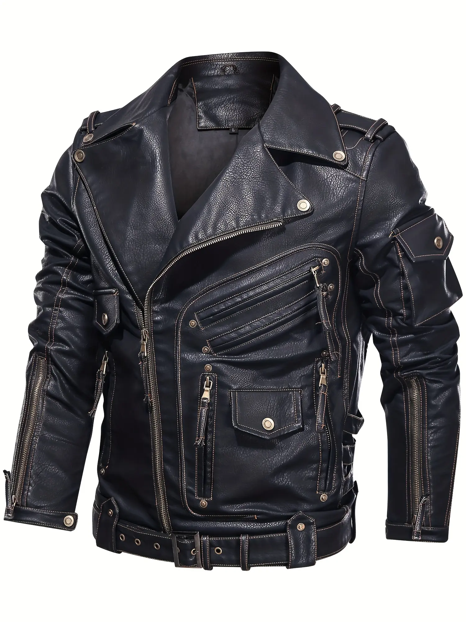 Men's Retro Biker Jacket with Zipper Pockets - Stylish Black Coat for Spring & Fall, Loose Fit, Multiple Zippers & Studded Details, Durable Polyester Lining Long Sleeve Menswear