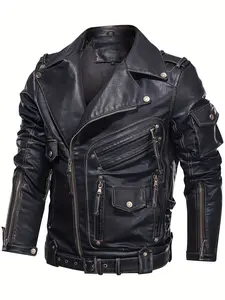 Men's Retro Biker Jacket with Zipper Pockets - Stylish Black Coat for Spring & Fall, Loose Fit, Multiple Zippers & Studded Details, Durable Polyester Lining