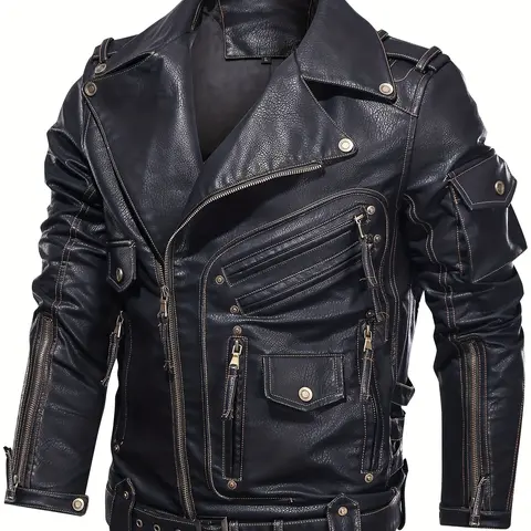 Men's Vintage PU Leather Biker Jacket - Long-Sleeve Casual Style, Stud Details, Multiple Zips, Loose Fit, Durable Polyester Lining, Retro Vibe for Spring & Fall, Pu Jacket