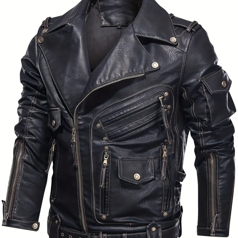 Men's Vintage PU Leather Biker Jacket - Long-Sleeve Casual Style, Stud Details, Multiple Zips, Loose Fit, Durable Polyester Lining, Retro Vibe for Spring & Fall, Pu Jacket